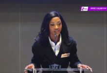 Faith Bwalya during Head-to-Head Challenge Competition at 72nd edition of Miss World in Telangana, India