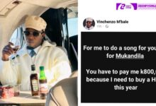 PAY ME 800,000 KWACHA TO DO A PRAISE SONG FOR YOU LIKE THE ONE I DID FOR MUKANDILA - VINCHENZO TELLS FANS