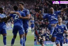 [Images by Leicester City Football Club: Patson Daka celebrates after scoring a brace today against Preston North End FC in the Championship]