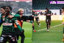 [Photos by SV Ried: KINGSTONE MUTANDWA celebrating scoring a hat-trick against ALTACH at the Keine Sorgen Arena today during his team's 3-1 win.